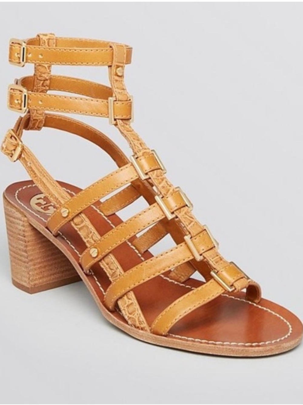 Tory Burch Reggie Leather Brown Tan block heel gladiator sandals size 8.5